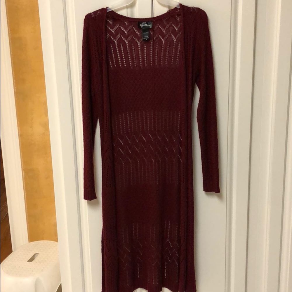 Burgundy Crocheted long cardigan sweater